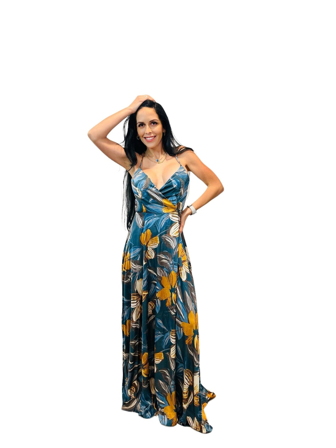 Sleveless V-Neck Open Back Flora Wrap Maxi Dress - Zucchero Essentials