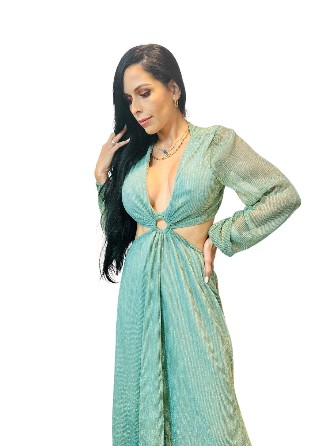 Women's Long Sleeve V-Neck Cut Out Shimmer Maxi Dress - Zucchero Essentials